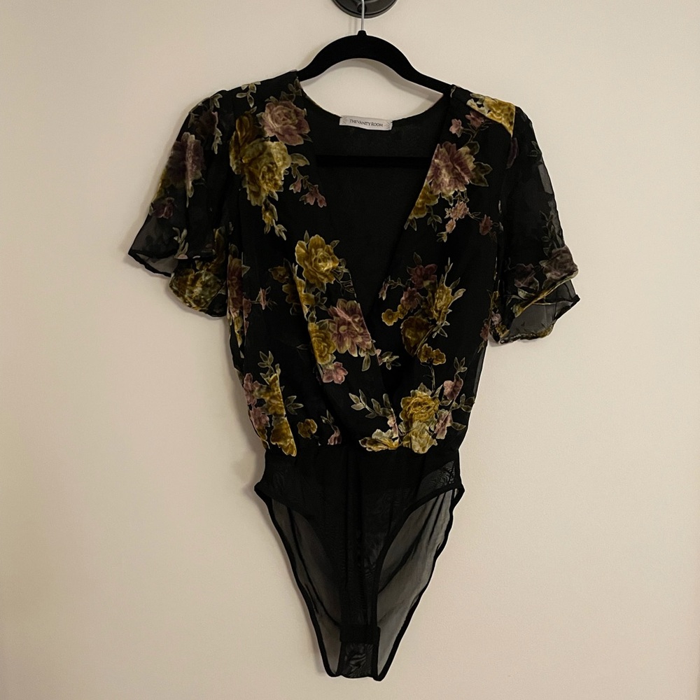 The Vanity Room black velvet floral bodysuit S
